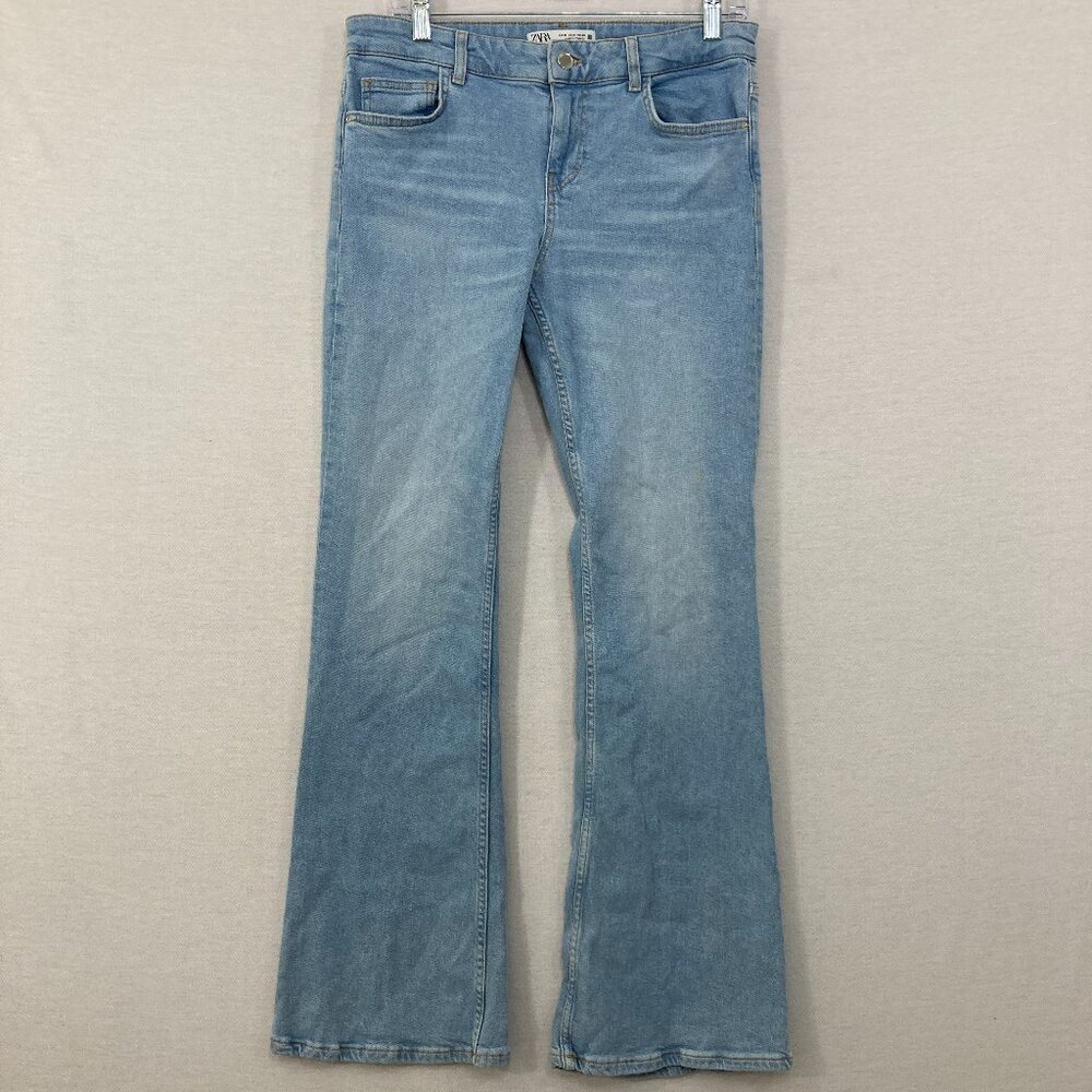 Zara size 8 Mid Rise Blue Flare‎ Jeans Festival Bohemian